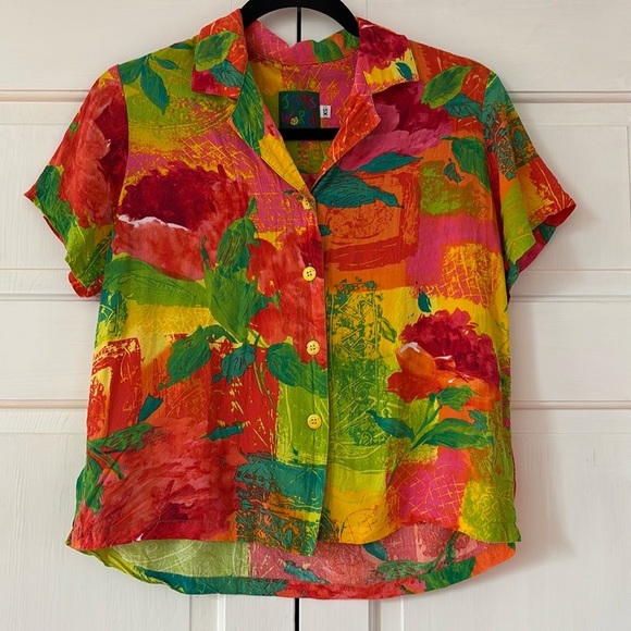 JAMS World Vintage 80’s Shirt Abstract Floral Bright Hawaii Wearable Art Size XS - Picture 1 of 9